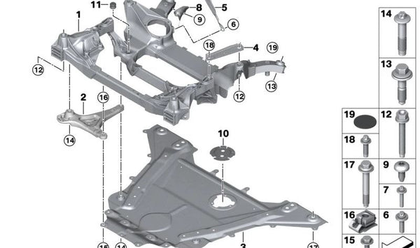 Soporte derecho del motor OEM 31106861198 para BMW F90, G30, G31, G38, G60, G61, G68, G90, G32, G11, G12, G70, F91, F92, F93, G14, G15, G16. Original BMW.