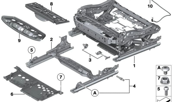 Sitzrahmen manual derecho para BMW F07, F10, F11 (OEM 52107266344). Original BMW