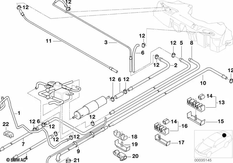 Línea de retorno de combustible trasera para BMW E39 (OEM 16121184109). Original BMW.