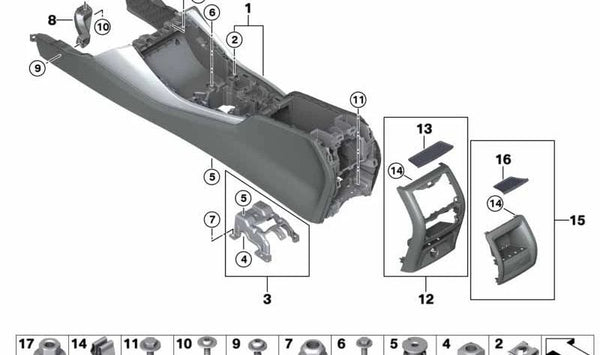 Cubierta consola central trasera para BMW G01, G01N, G08E, G02, G02N (OEM 51169461903). Original BMW