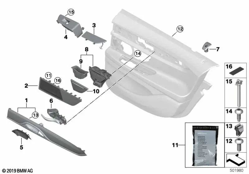 Cubierta del tirador de la puerta interior trasera derecha para BMW Serie 7 G11, G11N (OEM 51427400914). Original BMW