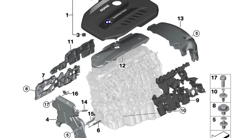 Copertura acustica posteriore OEM 11148570839 per BMW G20, G21, G30, G31, G32, G11, G12, G14, G15, G16, G01, G02, G05, G06, G07. BMW originale.