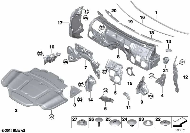 Aislante acústico del tabique del compartimento del motor derecha para BMW Serie 7 G11, G11N, G12, G12N Serie 8 G16 (OEM 51487330824). Original BMW.