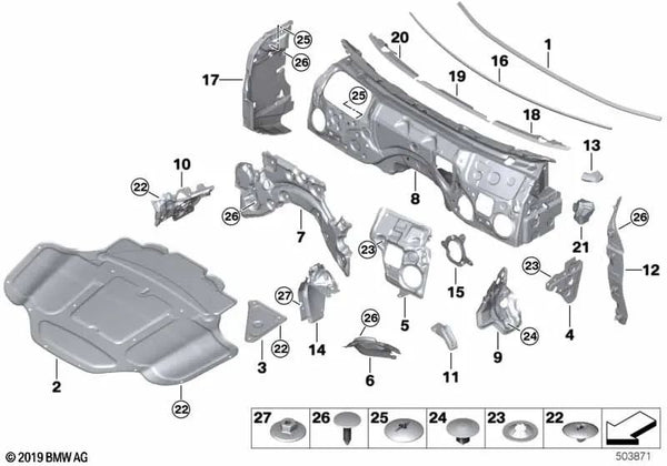 Aislamiento acústico paso de rueda derecha para BMW F91, F92, F93, G14, G15, G16 (OEM 51487462222). Original BMW