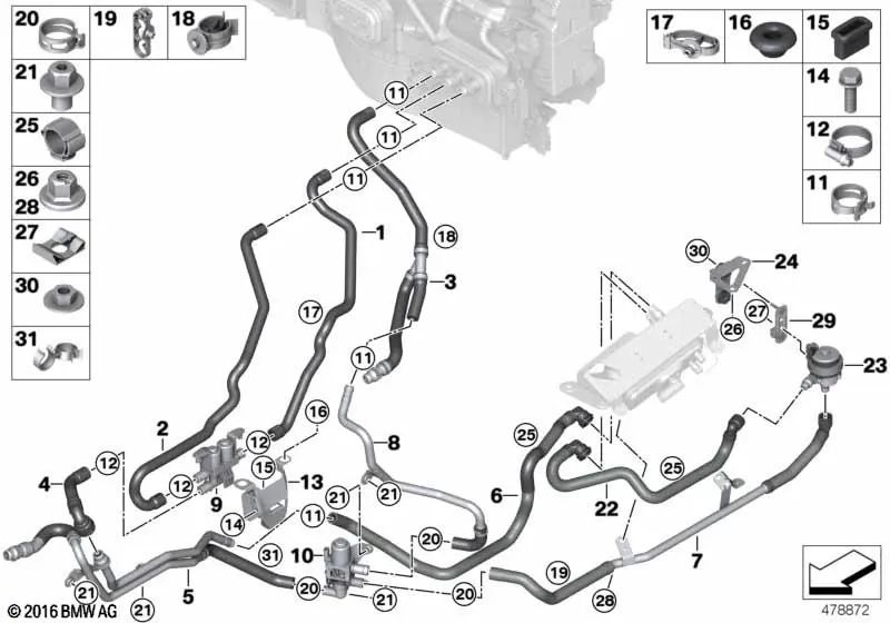 Soporte para manguera para BMW E39, E70, F15, F85, F16, F86 (OEM 64128381344). Original BMW.