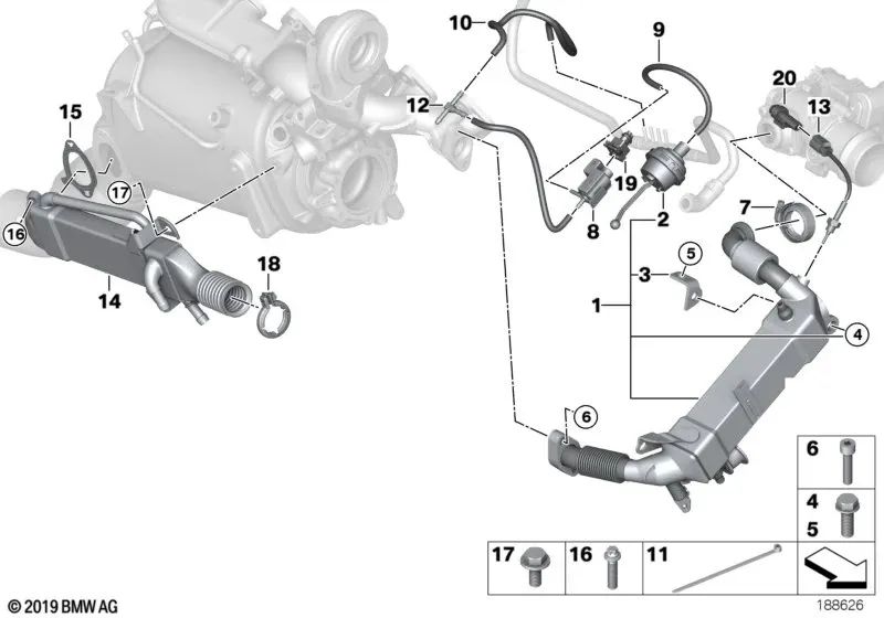 Exhaust gas cooler for BMW E70, E70N (OEM 11717807927). Original BMW