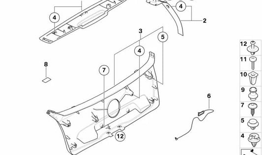 Revestimiento superior del portón trasero OEM 51497060635 para BMW E81, E87. Original BMW.