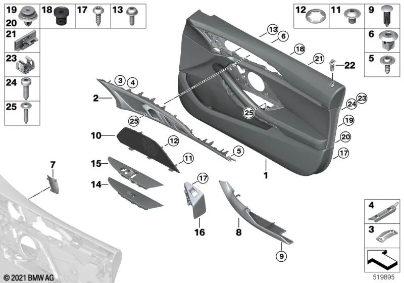 Revestimiento de puerta delantero izquierdo para BMW Serie 8 F93 (OEM 51428469869). Original BMW.