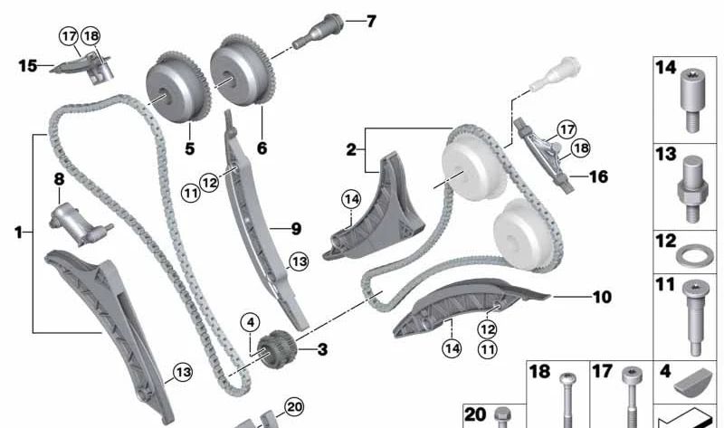 Chaîne de distribution avec guide de tension OEM 11318658027 pour BMW F07, F10, F11, F90, G30, G31, G90, F06, F12, F13, F01, F02, G11, G12, G70, F91, F92, F93, G14, G15, G16 , F15, G05, F85, F95, F16, G06, F86, F96, G07, G09. BMW d'origine.