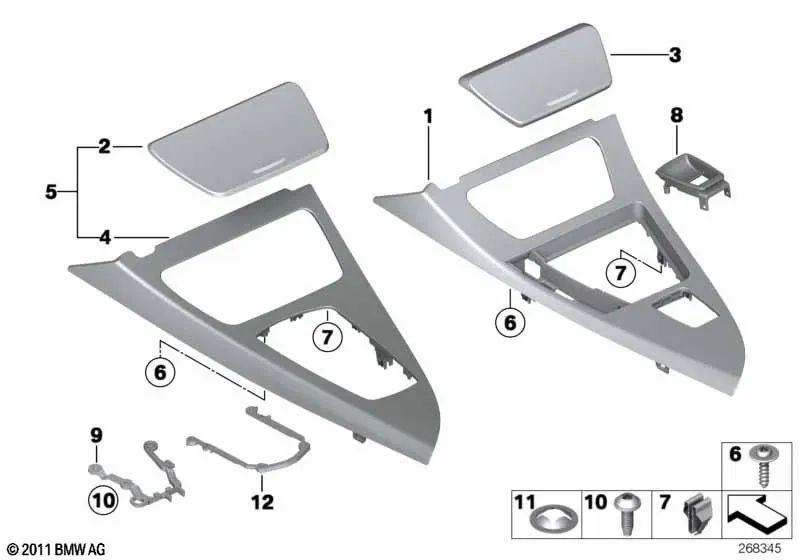 Center console trim for BMW F06, F13 (OEM 51169197164). Genuine BMW