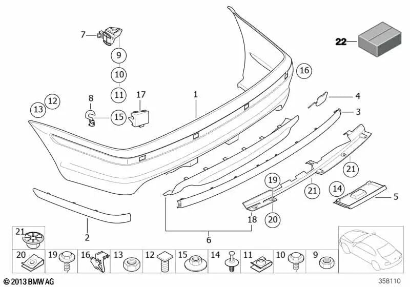 Moldura para parachoques trasero central para BMW Serie 3 E46 (OEM 51128195317). Original BMW.