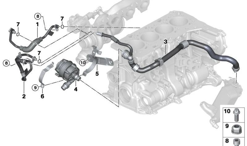 Conducción de Refrigerante de Prealimentación de Turboalimentador para BMW Serie 1 F20N, F21N, Serie 2 F22, F23, Serie 3 F30N, F31N, F34N, G20, Serie 4 F32, F33, F36, G22, G26, Serie 5 G30, G31, Serie 6 G32, Serie 7 G11, G12, X3 G01, X4 G02 (OEM 115388547