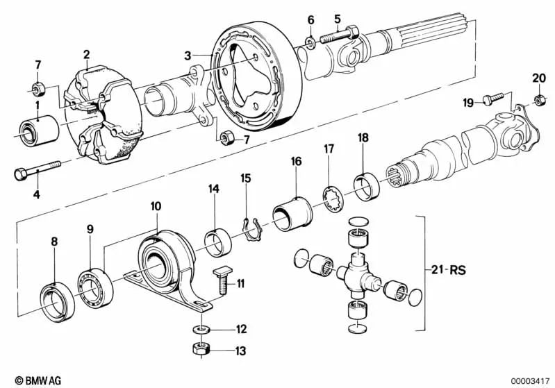 Cojinete de apoyo para BMW Serie 5 E28, Serie 6 E24 (OEM 26121226628). Original BMW.