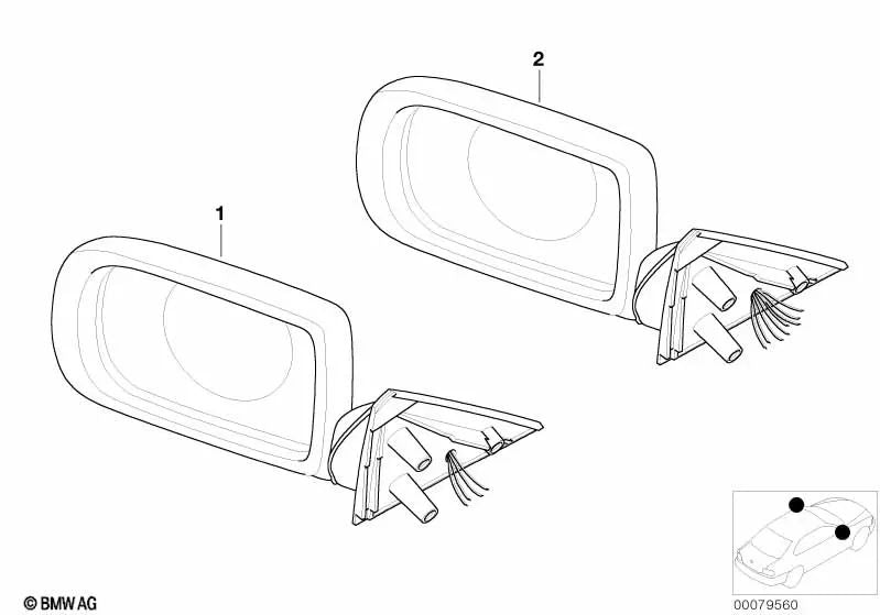 Espejo exterior sin vidrio calefactado izquierdo para BMW Serie 7 E38 (OEM 51168266433). Original BMW