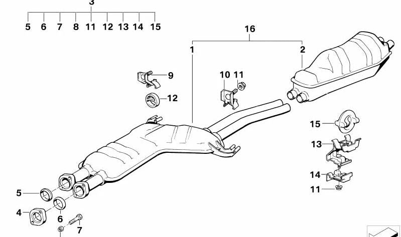 Silenciador intermedio para BMW Serie 5 E34 (OEM 18129068595). Original BMW