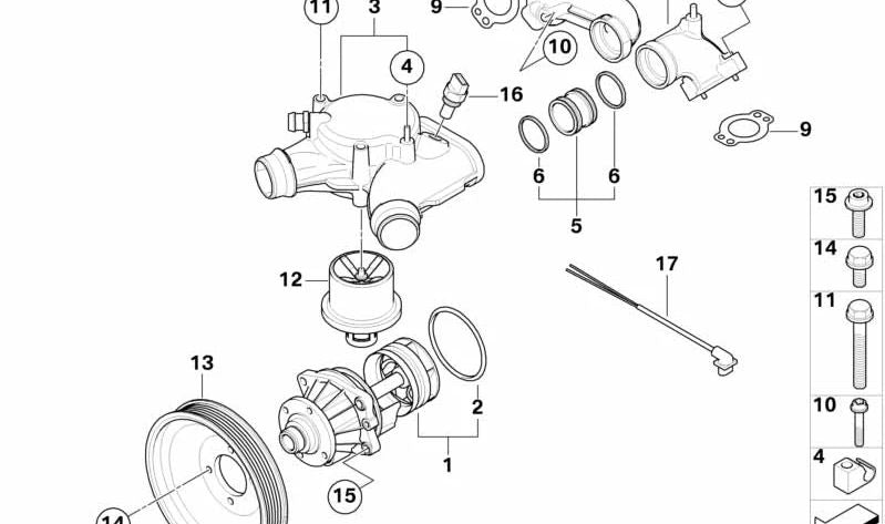 Carcasa del termostato OEM 11537838480 para BMW E90, E91, E92, E93. Original BMW.