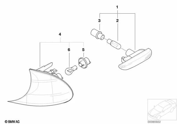 Luz intermitente derecha blanca para BMW Serie 3 E46 (OEM 63136924952). Original BMW.