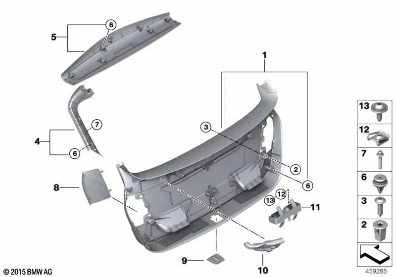 Cubierta del cerrojo de cierre del maletero para BMW F45, F45N (OEM 51497411318). Original BMW.