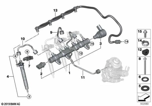 Acumulador de presión para BMW Serie 1 F20N, F21N Serie 2 F22, F22N, F23, F23N Serie 3 F30N, F31N, F34N Serie 4 F32, F32N, F33, F33N, F36, F36N Serie 5 G30, G31 Serie 7 G11, G12 Serie X F48, F39, G01, G02, F15 (OEM 13538514155). Original BMW.