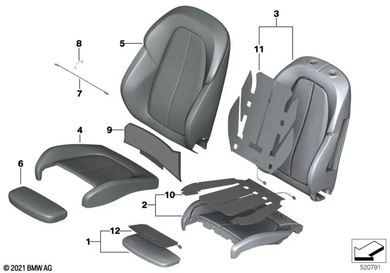 Right fabric/leather sports seat backrest cover for BMW F40, F44, F45N, F46N, F48N (OEM 52107496340). Genuine BMW.