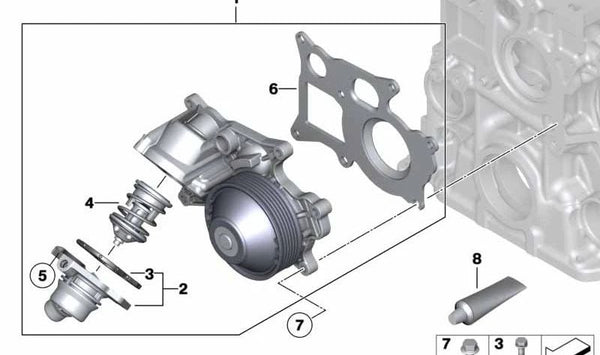 Bomba de agua OEM 11518478476 para BMW F20, F21, F22, F23, F30, F31, F34, F32, F33, F36, F10, F11, G30, G31, G11, G12, F25, G01, F26, G02. Original BMW.