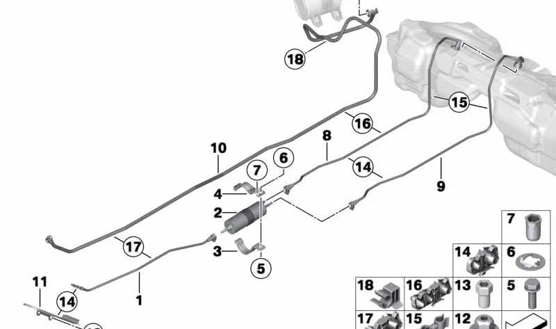 Tubería de combustible de alimentación trasera OEM 16127271015 para BMW F20, F21. Original BMW.