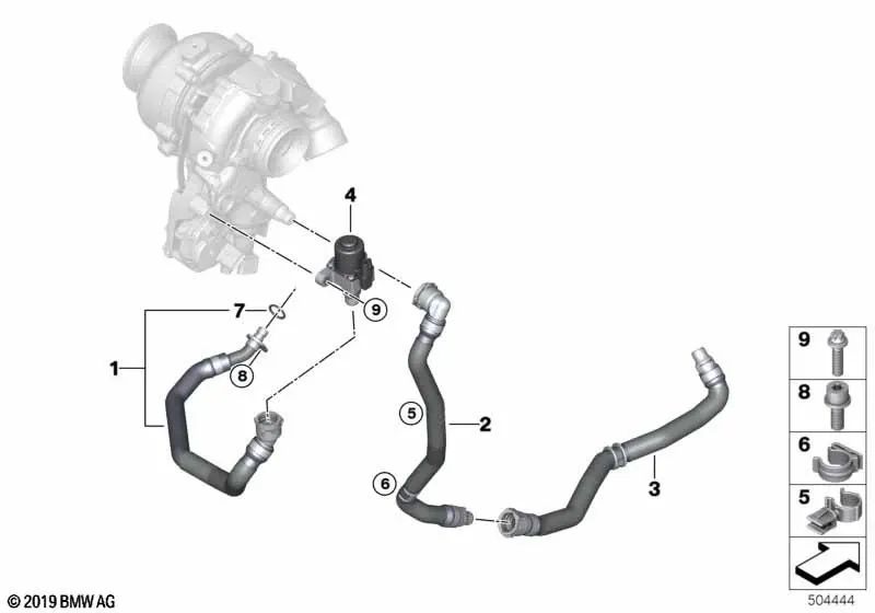 Coolant pump pipe-crankcase for BMW X1 F48N, X2 F39 (OEM 11538580565). Genuine BMW