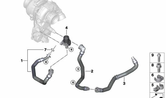 Tubería de refrigeración para turbo OEM 11538580566 para BMW F48, F39. Original BMW.