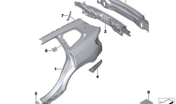 Refuerzo de chapa de pilar D derecho OEM 41305A58AE6 para BMW U11, U12. Original BMW.