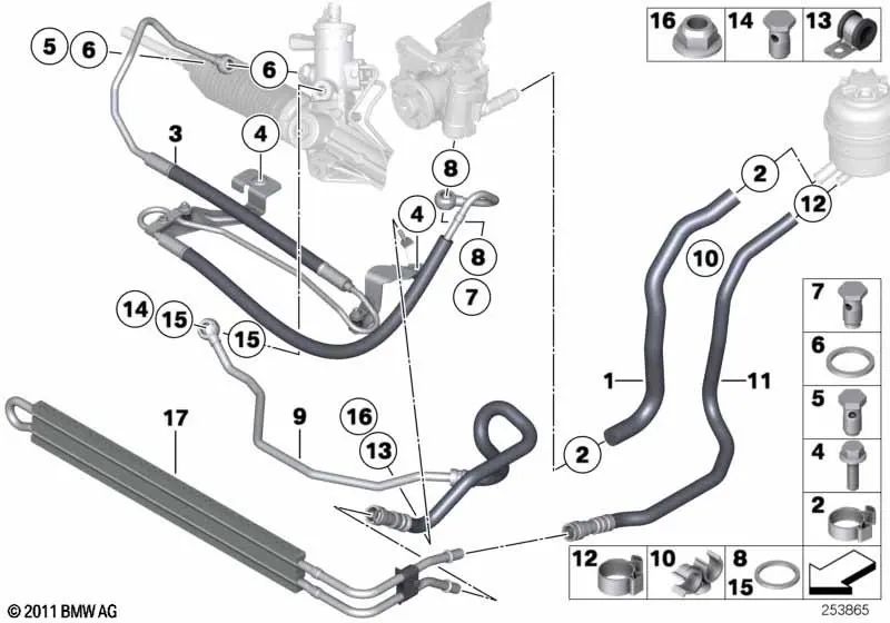 Tubería de retorno del radiador para BMW E81, E82, E87, E87N, E88, E90, E90N, E91, E91N, E92, E92N, E93, E93N, E84 (OEM 32416774305). Original BMW.