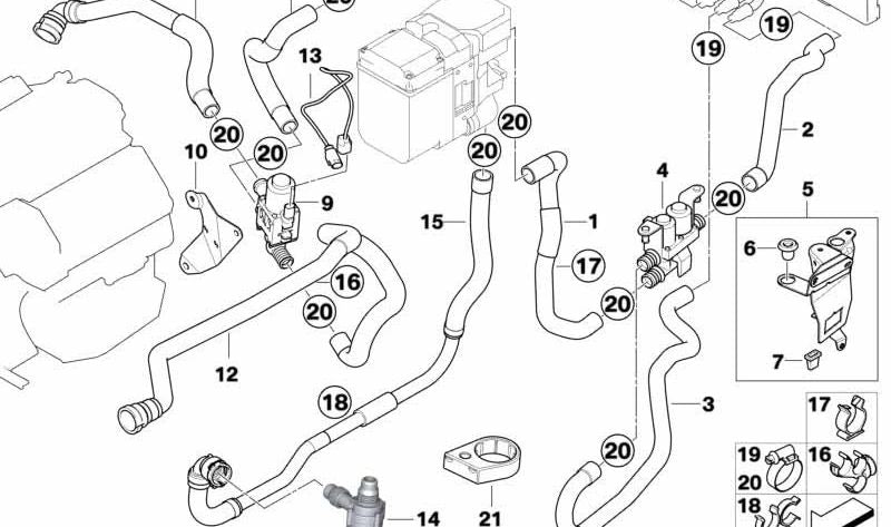 Sujetador de manguera triple para BMW E60, E61, E63, E64, E53 (OEM 64216918911). Original BMW