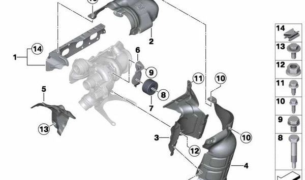 Placa protectora de calor para turbocompresor de escape para BMW F20, F21, F30, F31, F35 (OEM 11657606649). Original BMW