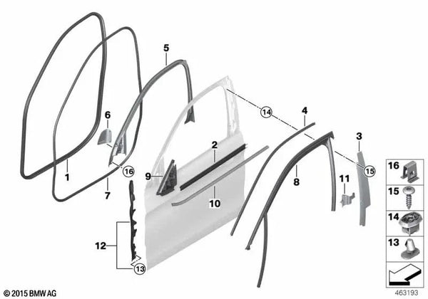 Moldura del marco de la ventana superior de la puerta frontal izquierda negro brillante para BMW X6 F16, F86 (OEM 51337377883). Original BMW.