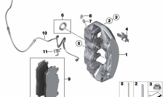 Pinza de freno delantera izquierda OEM 34117852119 para BMW F10, F11, F06, F12, F13. Original BMW.