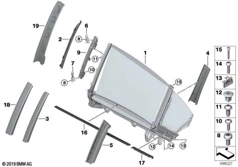 Cubierta del cristal lateral delantero exterior derecho para BMW Serie 7 G11, G11N (OEM 51357377304). Original BMW