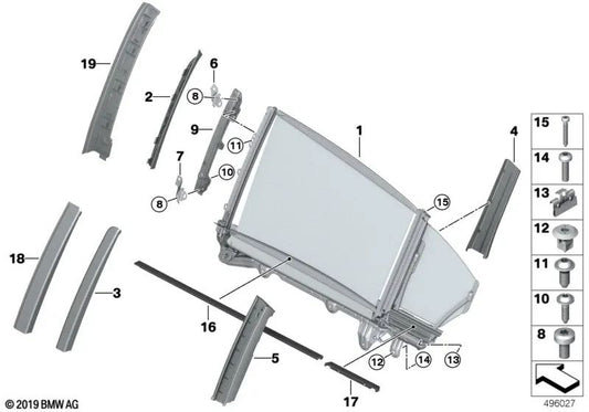 Cubierta del cristal lateral delantero exterior derecho para BMW Serie 7 G11, G11N (OEM 51357377304). Original BMW