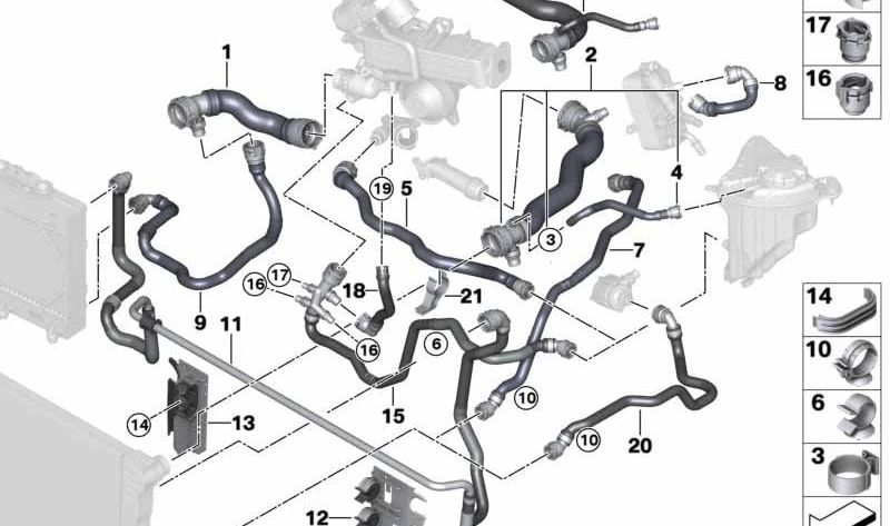 Manguera de refrigerante OEM 17128513603 para BMW F07, F10, F11, F12, F13, F01, F02. Original BMW