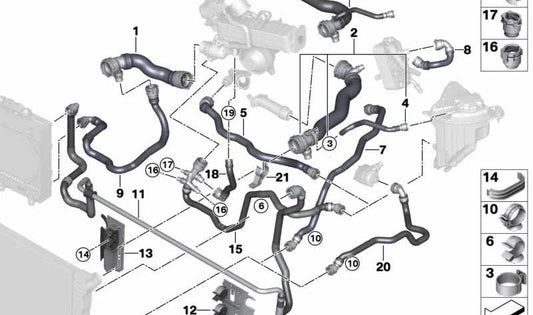 OEM refrigerant hose 17128511747 for BMW F07, F10, F11, F01, F02. Original BMW.