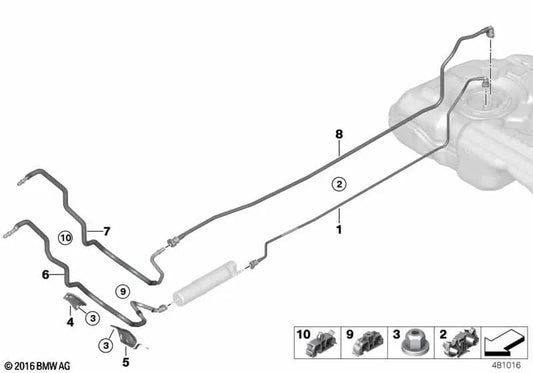 Front fuel return pipe for BMW 1 Series F70, 2 Series U06, X1 U11, X2 U10 and MINI U25 (OEM 16138742484). Original BMW