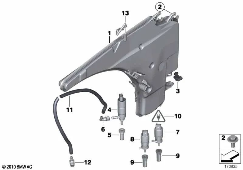 Windshield wiper system reservoir for BMW 1 Series E82, E88, 3 Series E90, E90N (OEM 61677238668). Genuine BMW