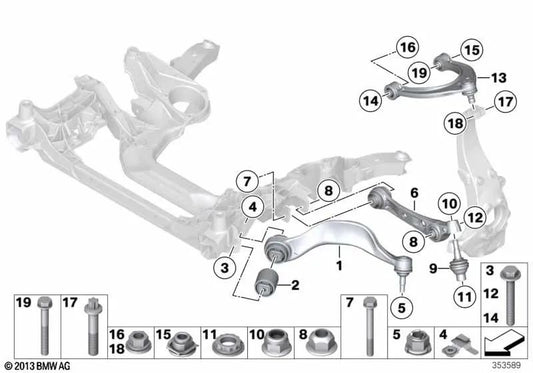 Brazo oscilante inferior con cojinete de goma derecho para BMW F10, F11, F18N (OEM 31126850606). Original BMW.