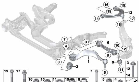 Brazo oscilante inferior con soporte de goma derecho para BMW Serie 5 F07, F10, F11, F06, F12, F13, Serie 7 F01N, F02N, F04 (OEM 31126777740). Original BMW