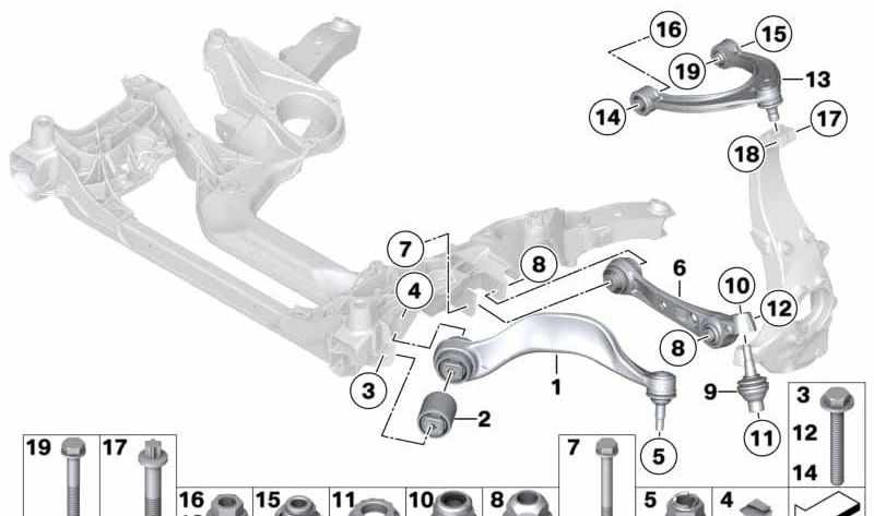 Brazos de suspensión inferior con cojinete de goma derecho para BMW Serie 5 F10, F11, Serie 6 F06, F12, F13 (OEM 31126777744). Original BMW