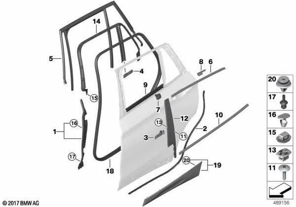 Guía de ventana para cubierta puerta trasera derecha para BMW F39 (OEM 51357420836). Original BMW