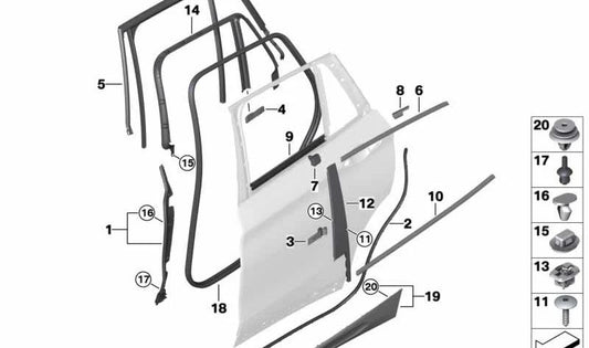 Rear right door window guide for BMW F39 X2 (OEM 51357420834). Original BMW.