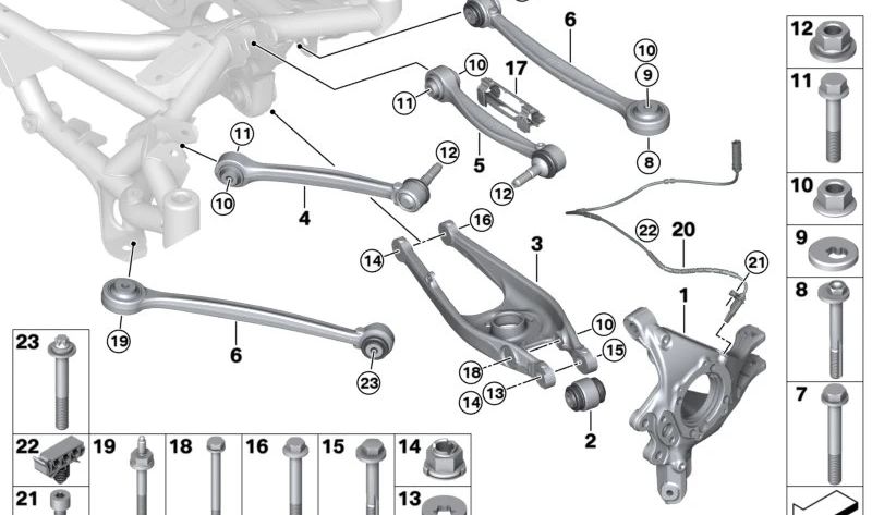 Brazo de caída trasero OEM 33322284533 para BMW M2 F87, M3 F80, M4 F82, M4 Convertible F83. Original BMW