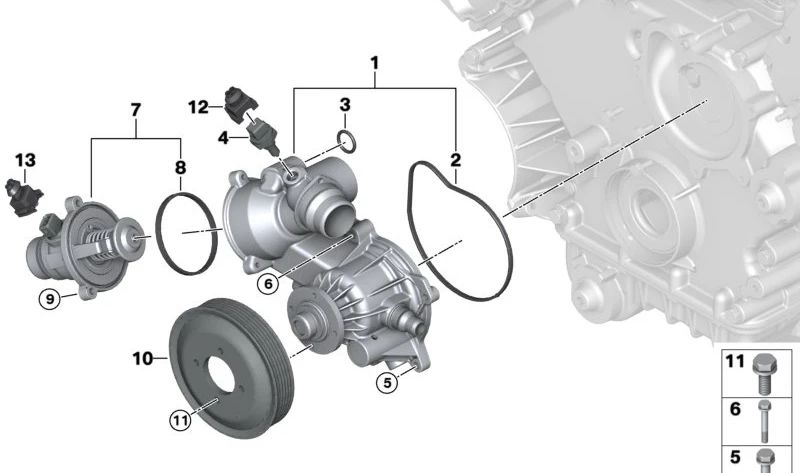 Bomba de refrigerante mecánica para BMW E60, E61, E63, E64, E65, E66, E70 (OEM 11517586779). Original BMW.