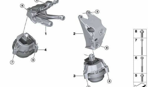 Soporte motor derecho para BMW Serie 5 G30, G31, G38N, Serie 6 G32, Serie 7 G12N (OEM 22119488384). Original BMW.