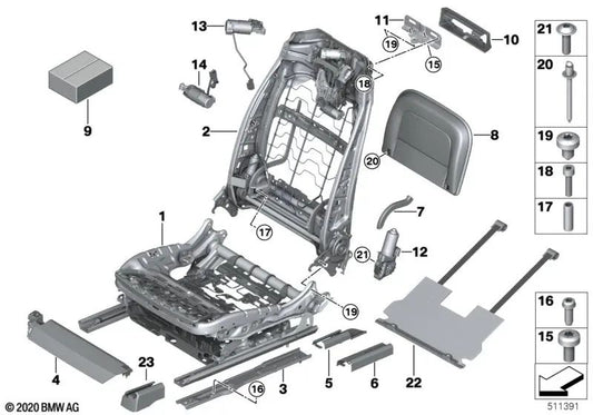 Front Right Seat Rail Cap for BMW 5 Series F90, G30, G31, G38, 6 Series G32, 7 Series G11 (OEM 52107408214). Original BMW.