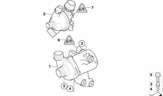 Electric coolant pump for BMW E81, E82, E87N, E88, E90, E90N, E91, E91N, E92, E92N, E93, E93N (OEM 11517586929). Genuine BMW.